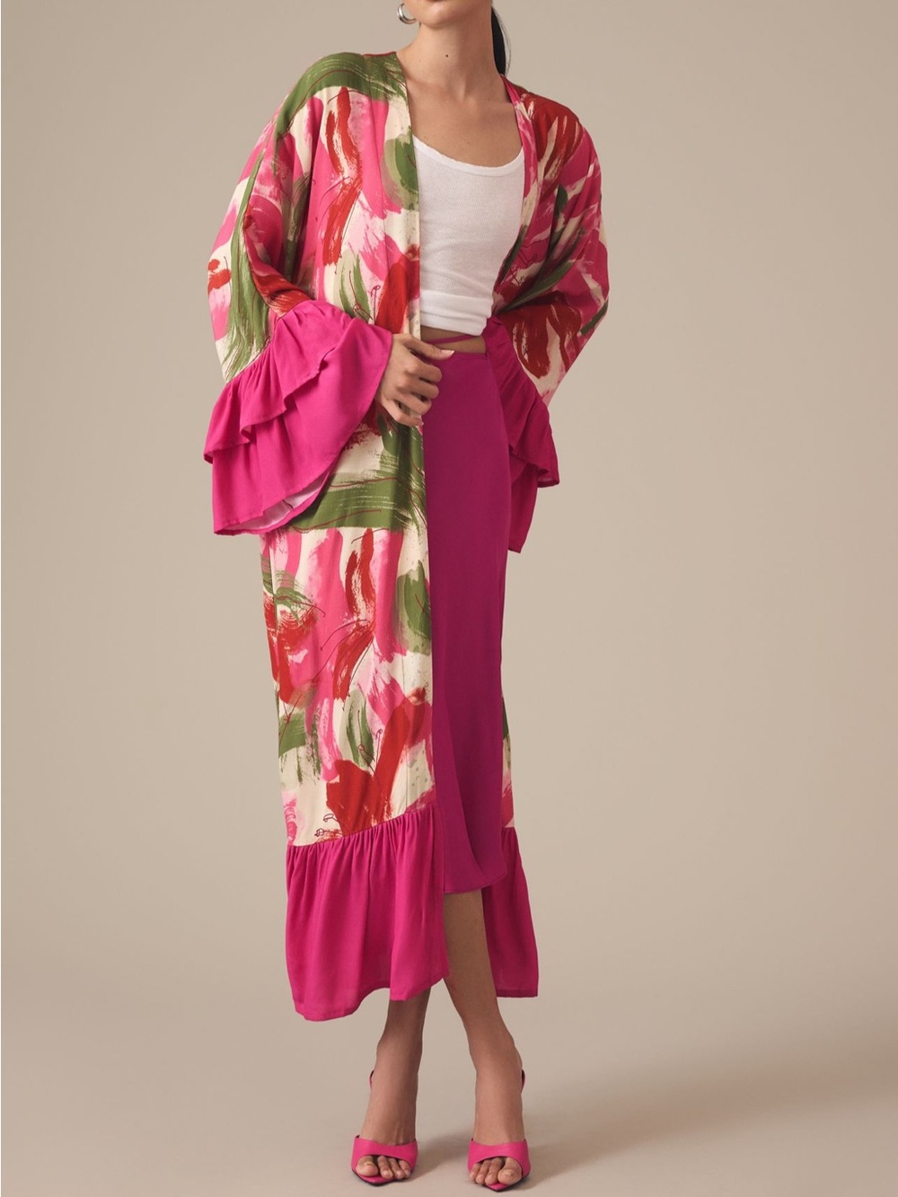 Fuchsia Floral Print Maxi Kimono with Ruffle Sleeves